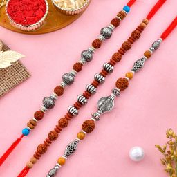 Aapno Rajasthan Men Set Of 3 Silver Plated Beaded Thread Rakhis-image-53