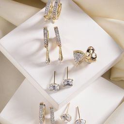 DressBerry Set of 6 Gold-Plated & White American Diamond-Studded Stud & Hoop Earrings-image-99