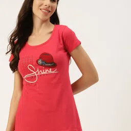 BROOWL Women Coral Pink & White Printed Lounge Tshirt-12