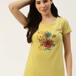 BROOWL Women Yellow & Orange Pure Cotton Typography Printed Lounge Tshirt-image-40