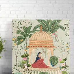 SAF Off White & Green Canvas Rajasthani Woman in Garden Pavilion Wall Art-image-65