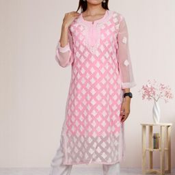 myplusfashion Women Ethnic Motifs Embroidered Chikankari Georgette Kurta-image-93