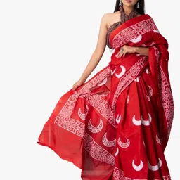 KIAARON Red & White Pure Cotton Block Print Saree-picture-20