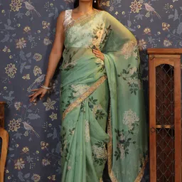 House of Pataudi Floral Printed Embroidered Organza Saree-picture-50