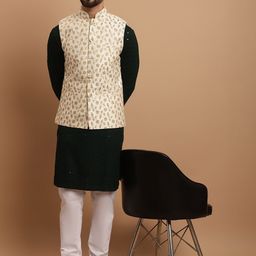 SOJANYA Ethnic Embroidered Sequinned Pure Cotton Kurta & Churidar With Nehru Jacket-picture-14