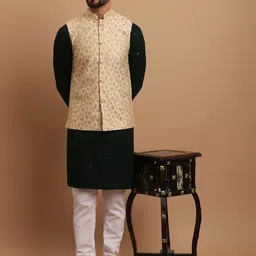 SOJANYA Ethnic Embroidered Sequinned Pure Cotton Kurta & Churidar With Nehru Jacket-picture-13