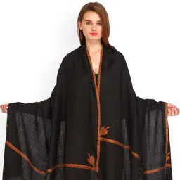 Exotic India Jet Black Pure Wool Sozni Hand-Embroidered Border Kashmiri Kingri Shawl-image-4