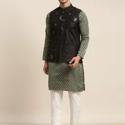 SOJANYA Men Green Ethnic Motifs Woven Design Kurta & Churidar Comes With a Nehru Jacket-picture-48