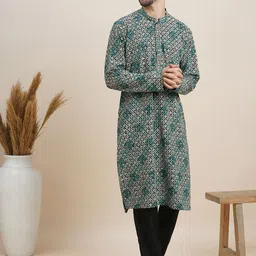 House of Pataudi Floral Embroidered Mandarin Collar Straight Kurta-picture-33