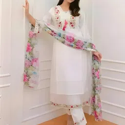 Moda Rapido Women White Floral Embroidered Angrakha Kurta With Trouser & Dupatta-picture-15