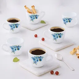 Larah by BOROSIL White & Blue 6 Pieces Printed Opalware Glossy Cups And Mugs 90ML-16