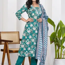 Art Avenue Floral Printed V-Neck Pure Cotton Straight Kurta With Trousers & Dupatta-55