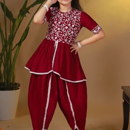Sangria Kids-Girls Maroon Embroidered Silk Blend Kurta Sets-picture-8