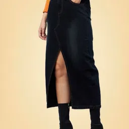 all about you Pure Cotton Front Slit Straight Midi Denim Skirt-image-58