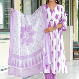 MEERA FAB Women Floral Printed Pure Cotton Anarkali Kurta with Palazzos & Dupatta-image-58
