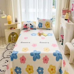 JC HOME Cream-Coloured & Blue Floral 140 TC Single Bedsheet with 1 Pillow Covers-image-25