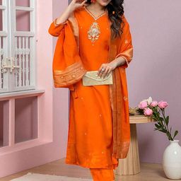 Sangria Women Ethnic Motifs Embroidered Pure Cotton Kurta with Pyjama & Dupatta-image-77