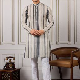 House of Pataudi Striped Mandarin Collar Straight Kurta & Trousers-image-71