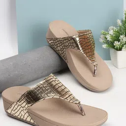 DressBerry Gold Tonned Textured Open Toe Wedges-image-90