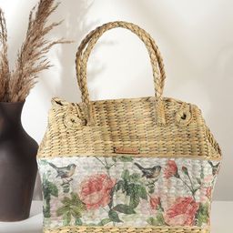 HABERE INDIA Brown Floral Printed Seagrass Reusable Tote Basket-23