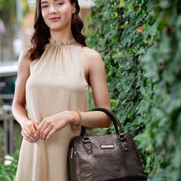 Lino Perros Women Coffee Brown Croc-Textured Structured Handheld Bag-10