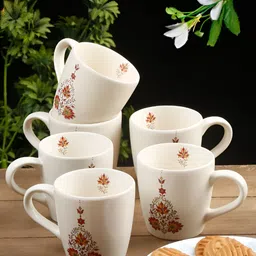 Arrabi White & Red 6 Pieces Floral Printed Stoneware Matte Cups 220 ml Each-4