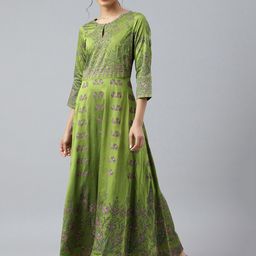 W Green & Pink Floral Keyhole Neck Ethnic Maxi Dress-53