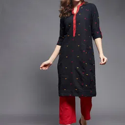 Indian Dobby Women Black & Red Geometric Printed Thread Work Dobby Kurta-image-68
