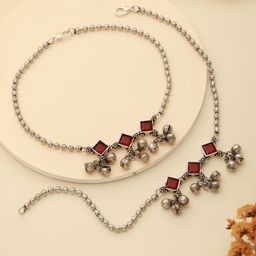 Saraf RS Jewellery Set Of 2 Rhodium-Plated Stone-Studded Oxidised Anklets-39