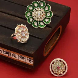 Zaveri Pearls Set of 3 Gold-Plated White & Green Stone Studded Adjustable Finger Rings-5