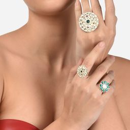 Zaveri Pearls Set of 3 Gold-Plated Green & White Stone Studded Adjustable Finger Rings-image-56