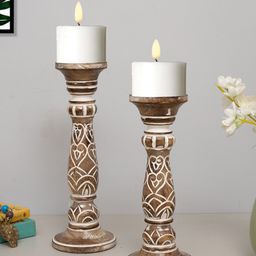 Homesake Set Of 2 Beige & White Solid Carving Pillar Candle Holders-image-24