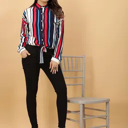 RACHNA Multicoloured Striped Crepe Shirt Style Handloom Top-3