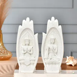 TAYHAA White 2 Pieces Textured Palm of Hand Meditating Buddha Idol Resin Showpiece-11
