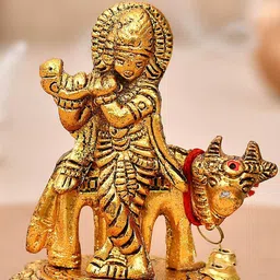 Ascension Gold Toned & Red Krishna With Playing Flute On Kamdhenu Cow Idol Showpiece-image-41