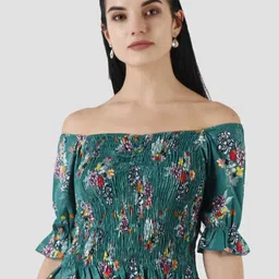 Popwings Floral Printed Off-Shoulder Bell Sleeves Smocking Detail Bardot Crop Top-image-91