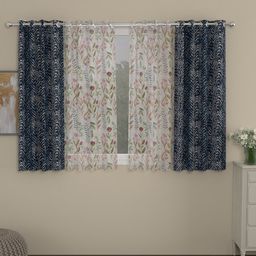 ROSARA HOME Navy Blue & White Set of 4 Floral Window Curtain-image-42