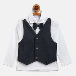 Kids Clan Boys White Cotton Solid Party Shirt with Attached Waistcoat & Bow Tie-picture-38