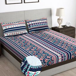 Story@home Arena Blue & Pink Ethnic Motifs 180 TC Fitted Queen Bedsheet & 2 Pillow Covers-image-37