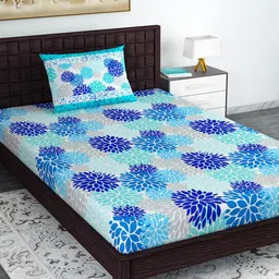 Divine Casa Blue & Turquoise Blue Floral 120 TC Single Bedsheet With Pillow Cover-image-92