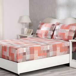 MASPAR Orange-Coloured Printed 300 TC Cotton Double Queen Bedsheet With 2 Pillow Covers-2