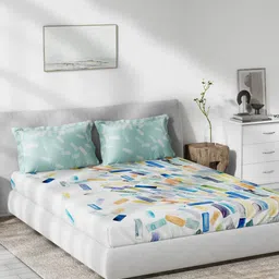 DDecor White & Turquoise Blue Geometric 140 TC Cotton 1 Queen Bedsheet with 2 Pillow Covers-image-27