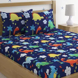 HOSTA HOMES Navy Blue & Green Cartoon Characters 210 TC Queen Bedsheet with 2 Pillow Covers-image-99
