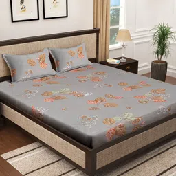 KLOTTHE Grey Printed 400 TC Pure Cotton Double King Fitted Bedsheet with 2 Pillow Cover-image-39