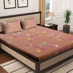 KLOTTHE Brown & Pink Floral Cotton 400 TC King Fitted Bedsheet With 2 Pillow Covers-image-30