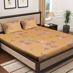 KLOTTHE Beige Floral Printed Pure Cotton 400 TC King Bedsheet With 2 Pillow Covers-image-20