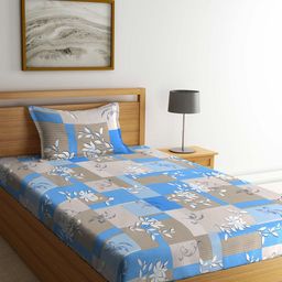 KLOTTHE Blue & Grey Floral-Printed 400 TC Pure-Cotton Fitted Single Bedsheet Set-image-73