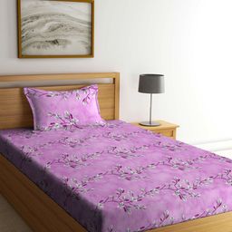 KLOTTHE Purple & White Floral Printed Pure Cotton 400 TC Fitted Single Bedsheet Set-17