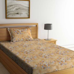 KLOTTHE Brown & White Floral-Printed 400TC Pure-Cotton Fitted Single Bedsheet Set-image-33