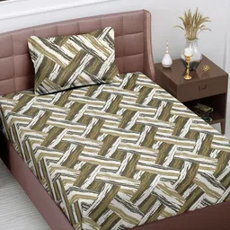 FABINALIV White & Olive Green Printed 300 TC Single Bedsheet With 1 Pillow Cover-image-99